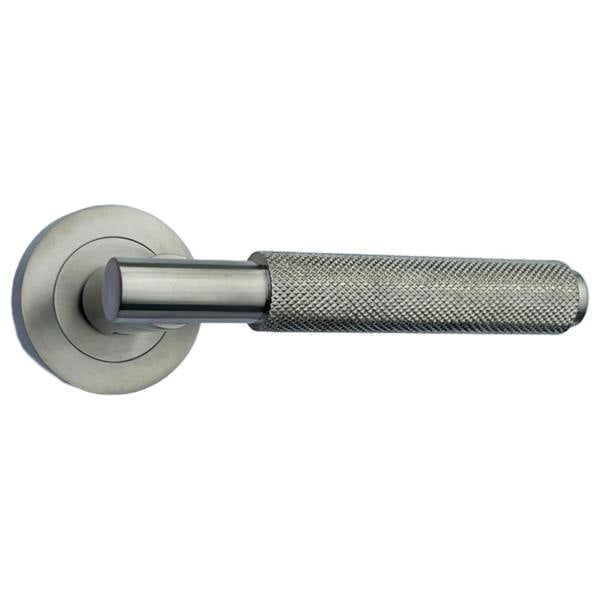 EDH Door Hardware Satin Nickel Knurled Door Handles on Round Rose – Modern Internal Lever Handle