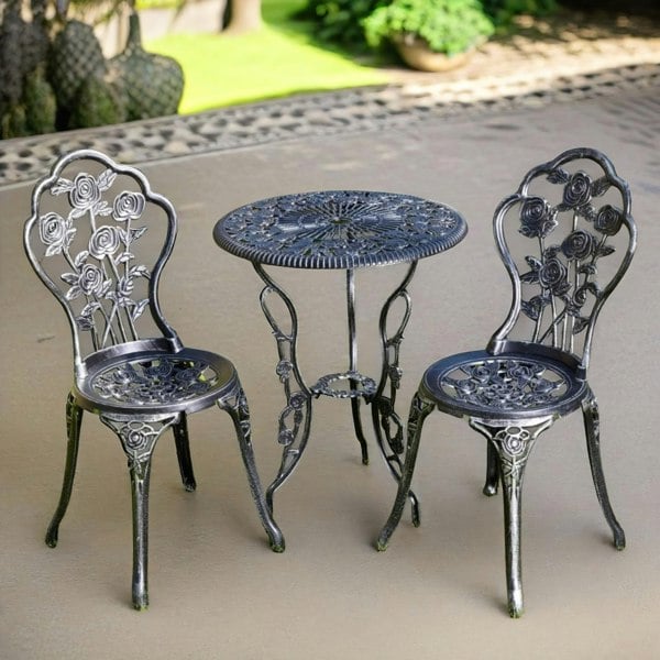 Rafaelo Mobilia Set of 3 Cast Iron Rose Floral Bistro Table And Chair Grey