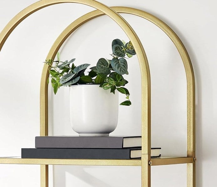 Modcraft 5-Tier Tempered Glass Shelf Unit, Arched Display Rack, Metallic Gold Frame 183.5 cm