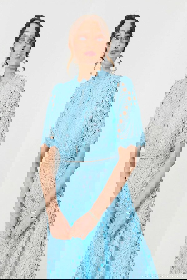 Blue | Floral Lace Cut Out Frilled Trim Midi Dress