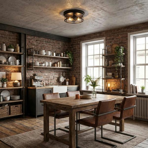 Industrial Vintage Black Round Flush Ceiling Light with Wire Design Image 6