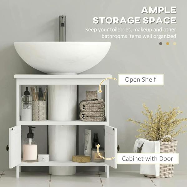 White under-sink bathroom vanity cabinet with open shelf and cabinet-door storage