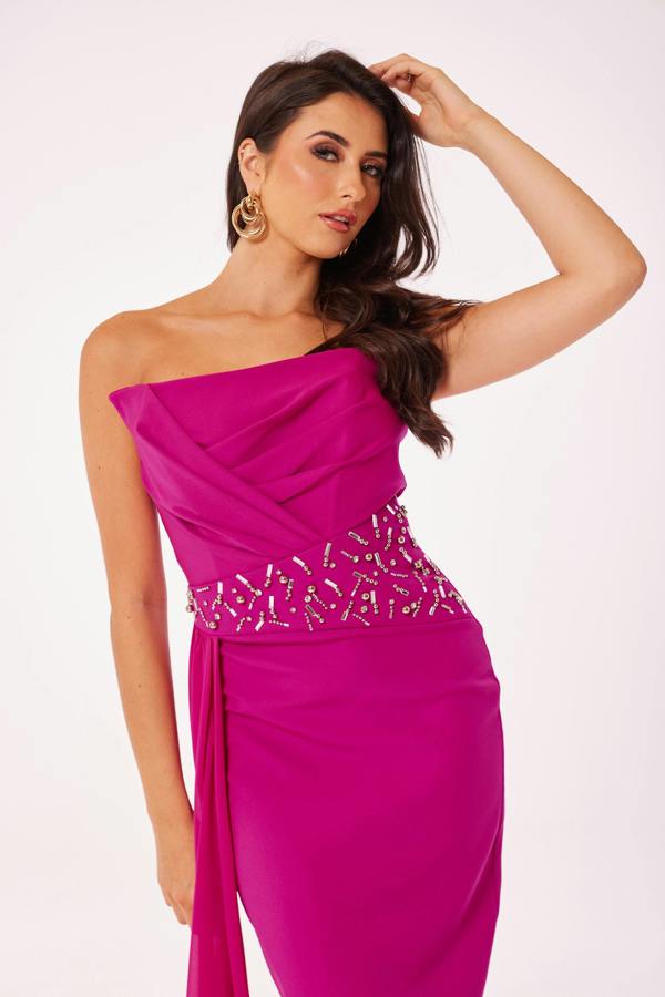 LuvForever Fuschia Strapless Jewelled Drape Midi Dress