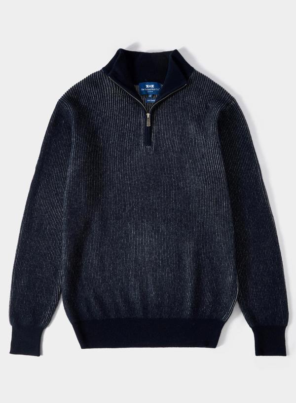Cashmere Plaited Rib 1/4 Zip in Navy