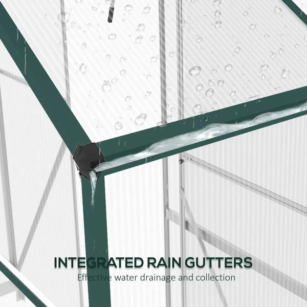 Green polycarbonate greenhouse with integrated rain gutters along the roof edge