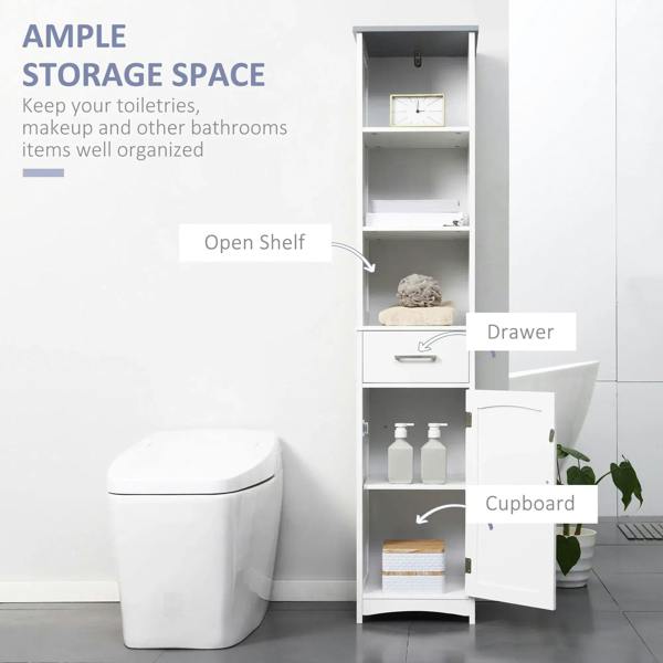 White bathroom storage tower with open shelf, drawer, and hinged cupboard door