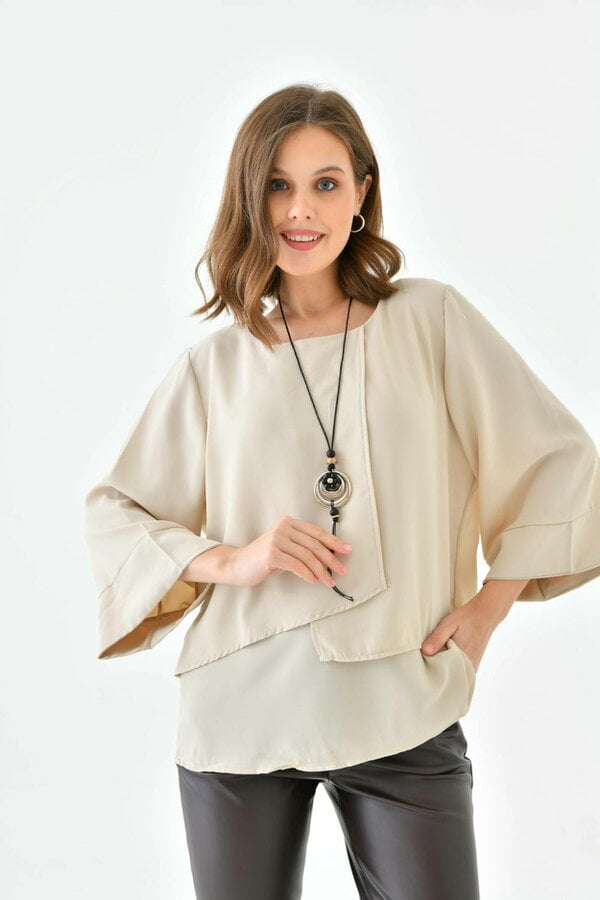 Hoxton Gal Oversized Fit 3/4 Sleeve Asymmetric Layered Blouse in Beige with Necklace