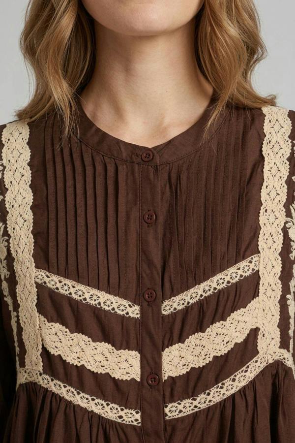 Brown | Lace Trim Long Sleeve Pleated Blouse