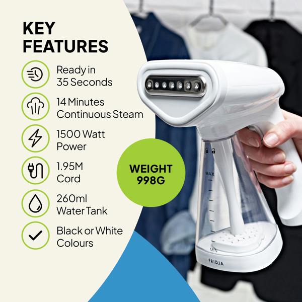 A person holds a white Fridja Commercial Garment Care Trio steamer. Features: heats in 35s, 14min steam, 1500W, 1.95m cord, 260ml tank, black/white color, weighs 998g—ideal for commercial garment care. Includes f1600 steamer, f10 handheld & f40 fabric shaver.