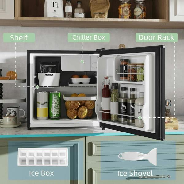 Open black mini fridge interior with door rack, chiller box, and shelf