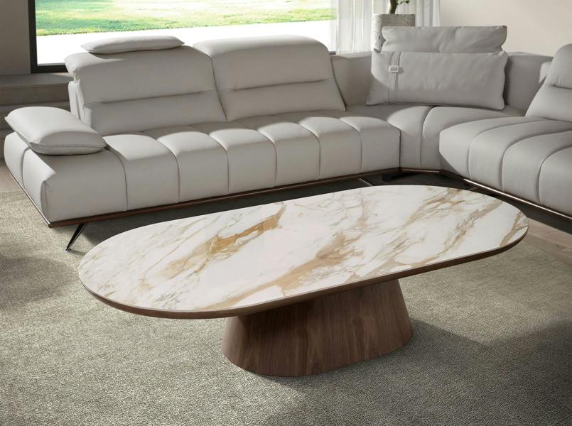 Angel Cerdá Porcelain marble and walnut oval half round coffee table 2160