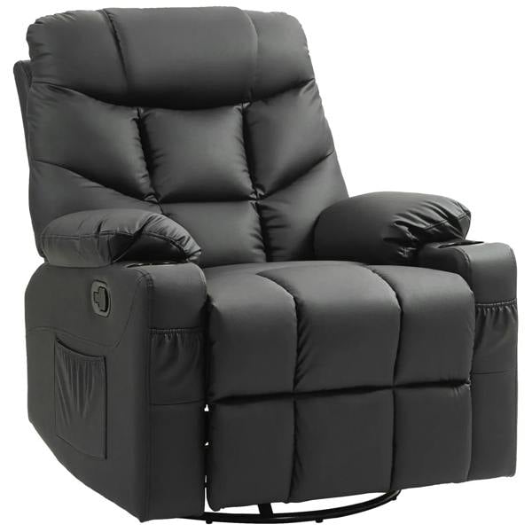 Black faux leather reclining armchair with padded headrest, built-in cup holder, footrest.