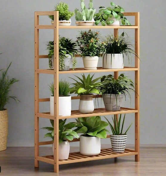 Modcraft 4 Tier Bamboo Plant Stand Ladder with Adjustable Shelves, Corner Storage Shelf, 67x25x99 cm