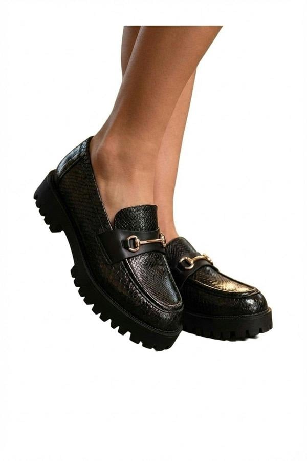 Poppy Snakeskin Chunky Loafers - Black_wb