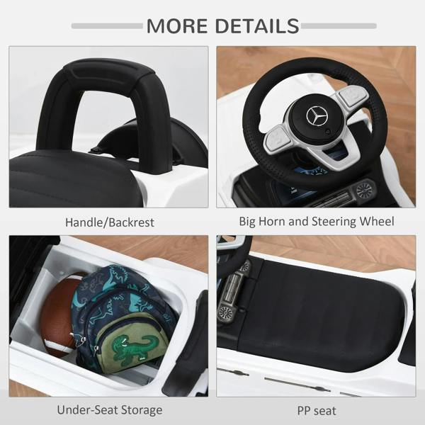 Kids ride-on car details: black handle/backrest, steering wheel, and under-seat storage