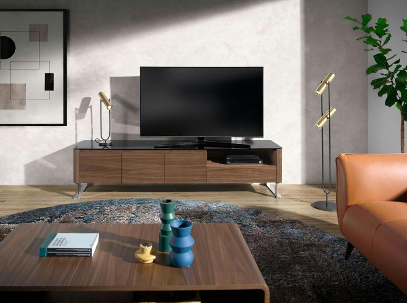 Angel Cerdá TV Unit Walnut, Chrome-plated Steel and Black Glass Top 3047