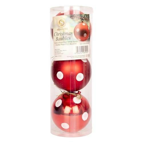 10cm Christmas Bauble Set, Shatterproof Red and White Polka Dot Tree Decorations, 3 or 6 Pack image 7