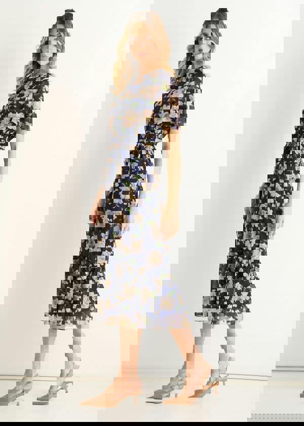 Gini London Navy Floral Print Fit & Flare Midi Dress