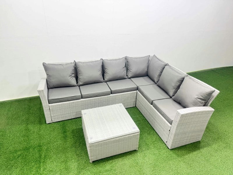 Fimous Garden Outdoor PE Rattan Furniture Set 6 Seater Rattan Garden Sofa Sets Light Grey Mixed
