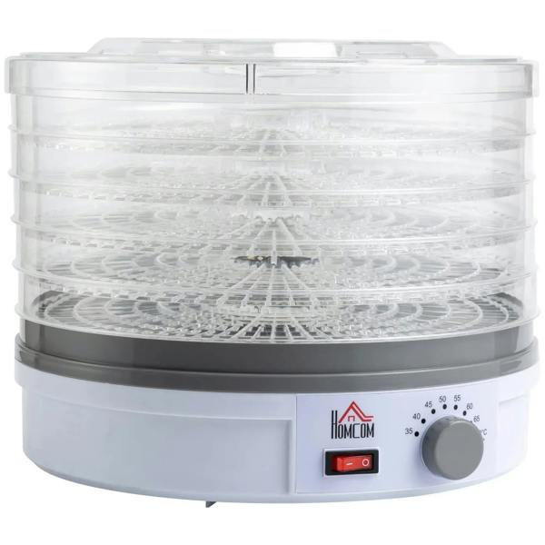 5-tray food dehydrator with clear stackable trays and white base, front control panel