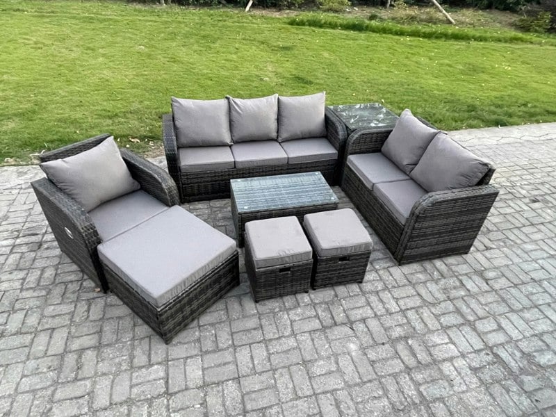 Fimous Outdoor Garden Furniture Sets 8 Pieces Wicker Rattan Furniture Sofa Sets with Rectangular Coffee Table Loveseat Sofa 3 Footstools Side Table