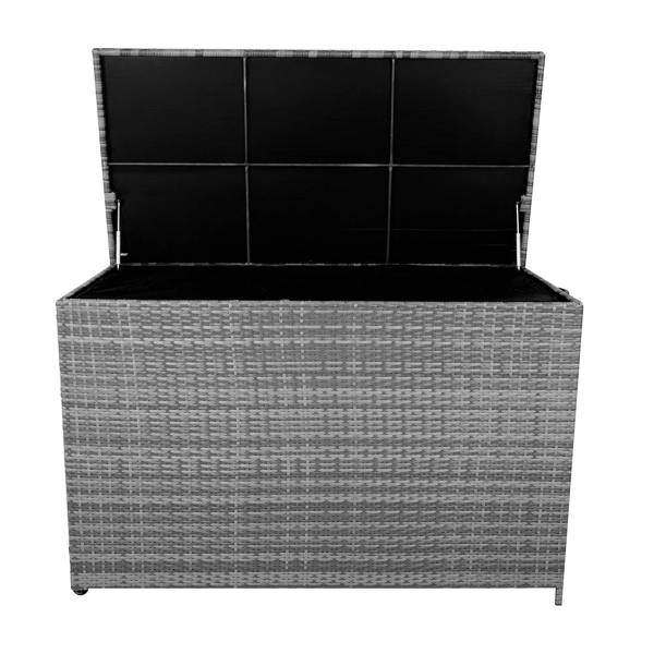 Grey rattan cushion storage box with a textured woven design, featuring a spacious interior and a hinged lid for easy access