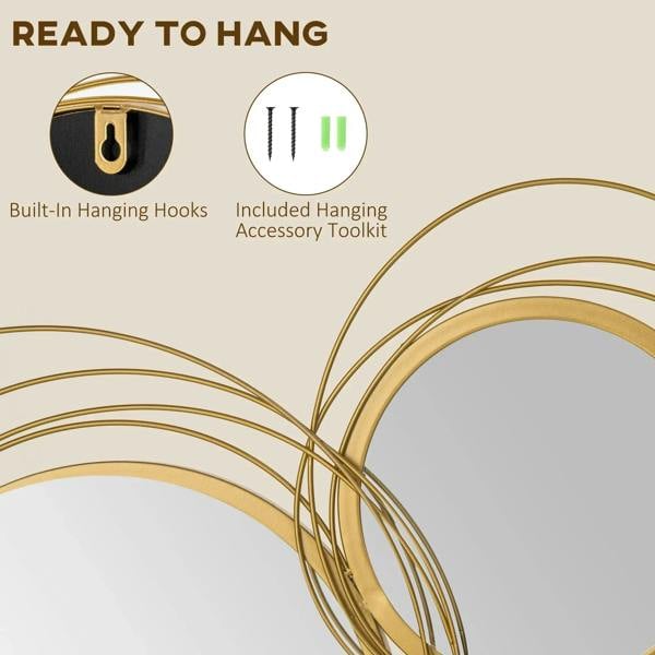 Gold-tone metal wall mirror with built-in hanging hooks and coiled ring frame design
