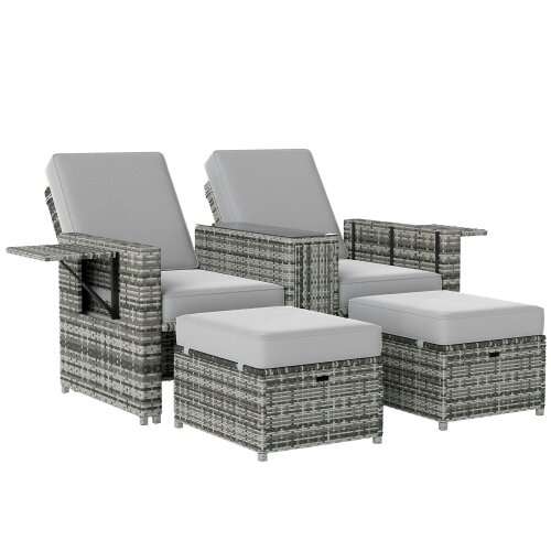 Wyld Haus Saelmo Grey Rattan Sun Lounger Set With Storage Tea Table And Footstools