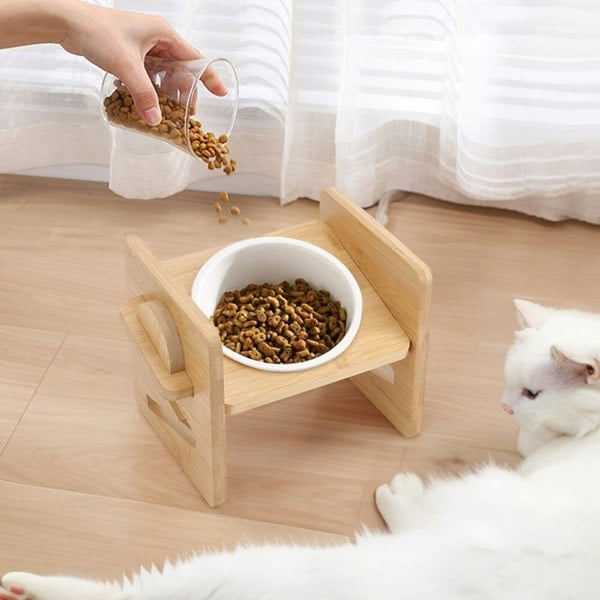 Adjustable Bamboo Single Ceramic Bowl Pet feeder Living and Home