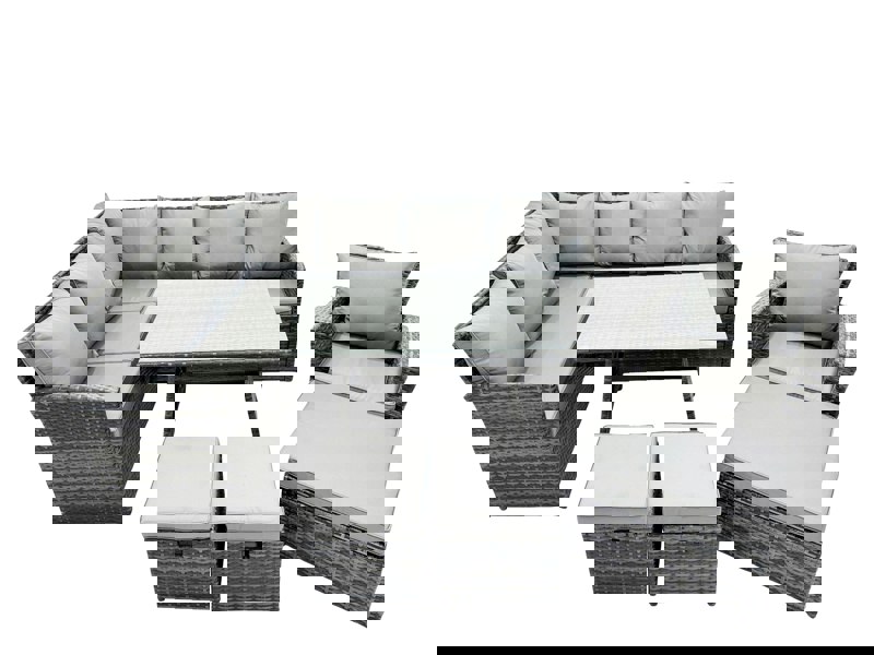 Fimous 10 Seat Poly Rattan Outdoor Patio Oblong Dining Table Corner Sofa Set with 3 Stool Chair for Garden Backyard Dark Grey Mixed