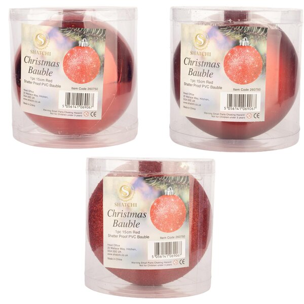 Shatchi 15cm Christmas Baubles Shatterproof Red Tree Decorations, 3 Pack for Festive Indoor and Outdoor Display - 15CM - PVC - Red