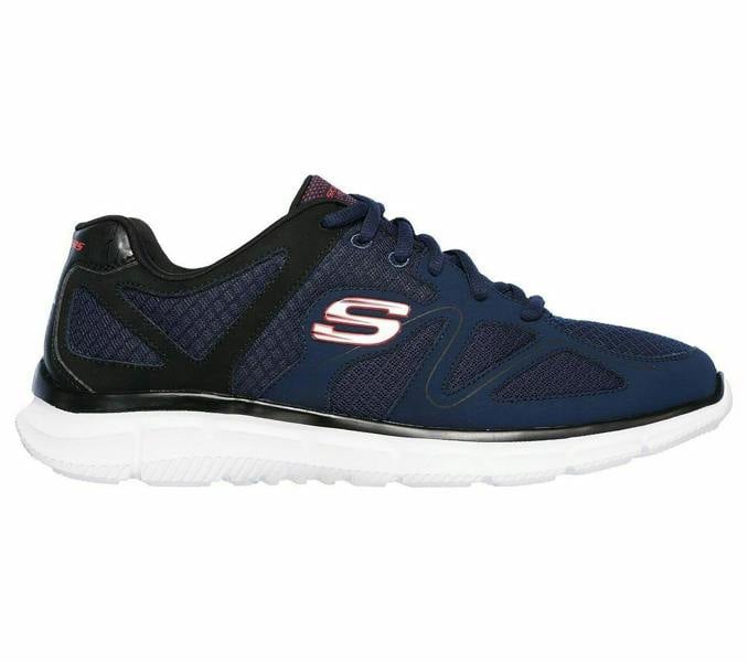 Skechers Verse-Flash Point Mens Sports Gym Walking Lace Up Trainers, navy blue athletic shoes with mesh details and white soles.