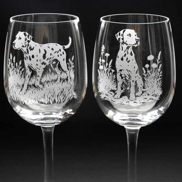 Glyptic Glass Art Dalmatian Dog Crystal Wine Glass - Hand Etched/Engraved Gift