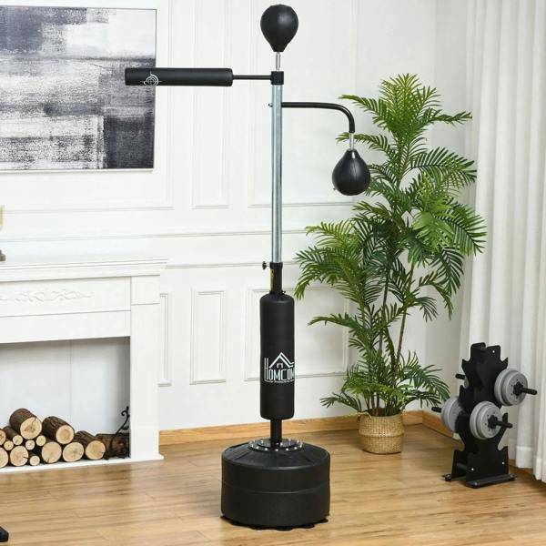 Freestanding black boxing punching bag stand with reflex bar, speed balls, and base