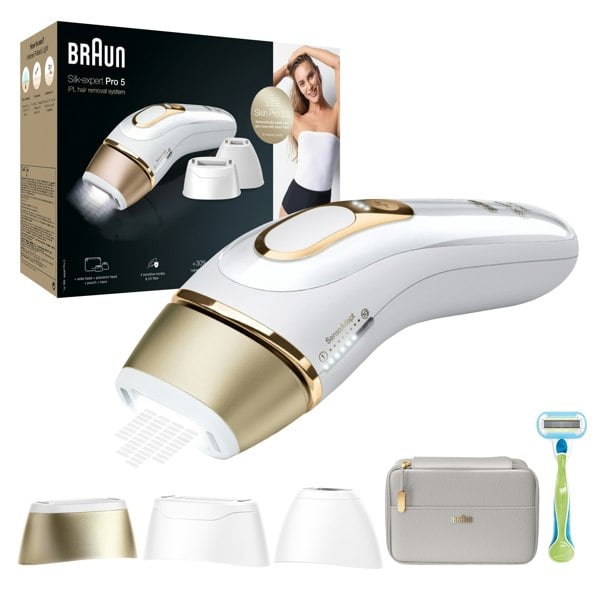 Braun IPL Silk-Expert Pro 5 At Home Hair Removal Device with Pouch - White / Gold (PL5257)