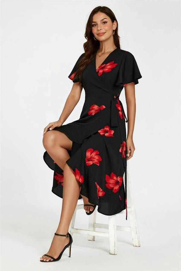 FS Collection Floral Print Angel Sleeve Wrap Dress In Black
