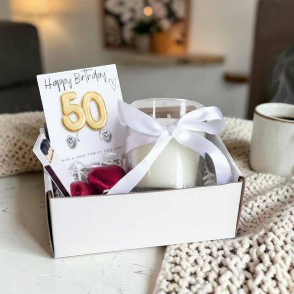 Aye Do Gifts Small 50th Birthday Gold Balloon Hamper | Candle, Earrings, Chocolates
