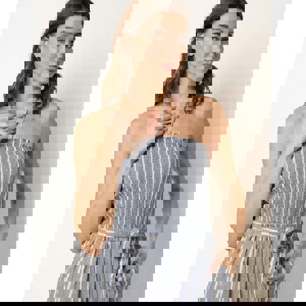 Blue Vanilla Bardot Tie Neck Pinstripe Jumpsuit