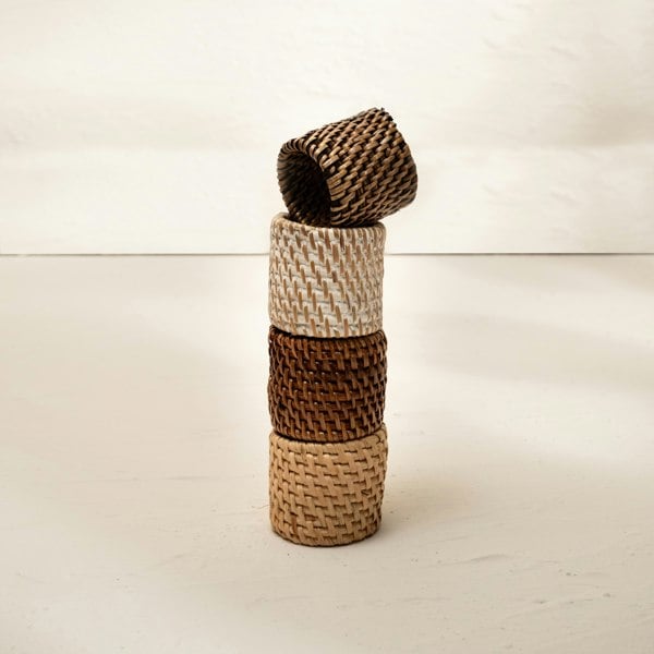 Honey brown round wicker napkin rings handwoven rattan dining decor