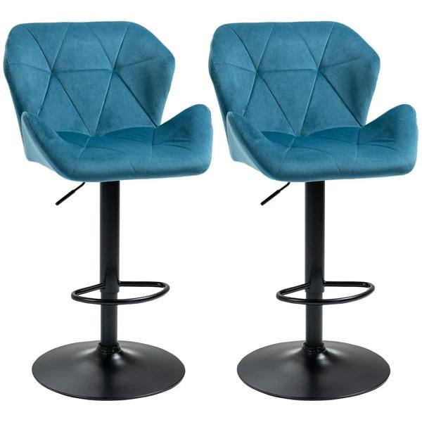 Blue velvet bar stool with black round base and footrest, 360° swivel seat