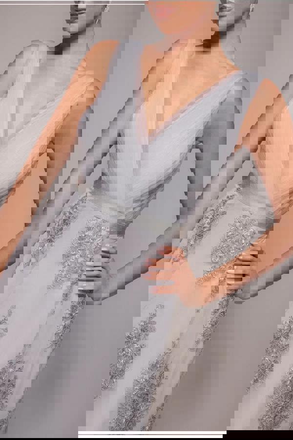 Pleated Satin Bodice High And Low Dress - Grey DR3337QZ