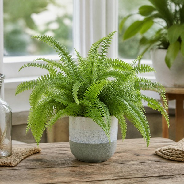 Boston Fern in White Ceramic Pot – Air-Purifying Gift for Plant Lovers - 1 - Grey Stoneware Pot