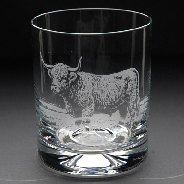 Glyptic Glass Art Highland Cow Whiskey Tumbler Glass - Hand Etched/Engraved Gift