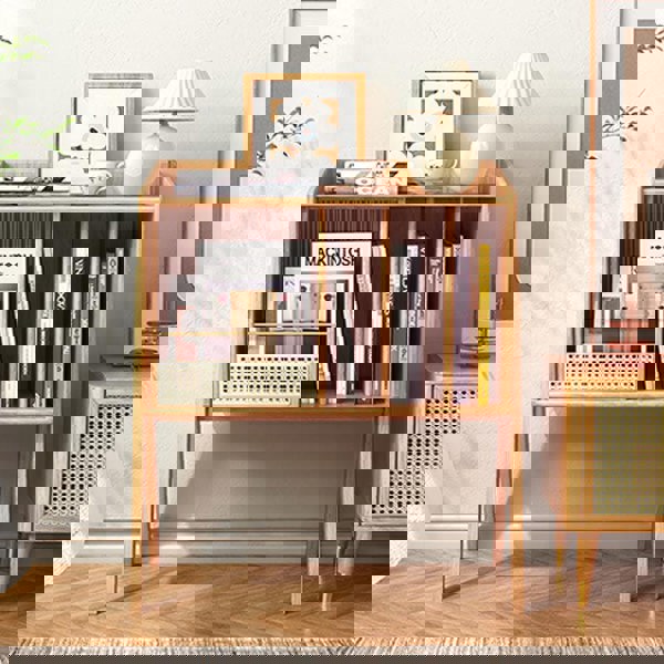 Detail view of Calvin Side Table with Mini Book Storage with shoe rack and cabinet