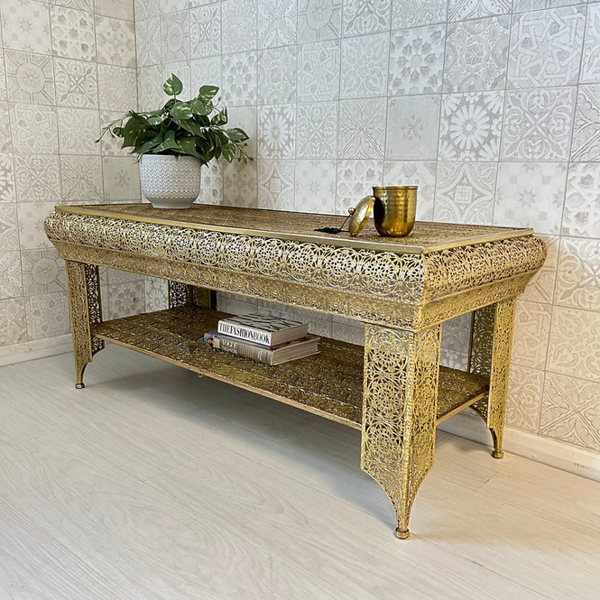 Downton Interiors Light Gold Embossed Metal Coffee Table / TV Stand - Agadir Range