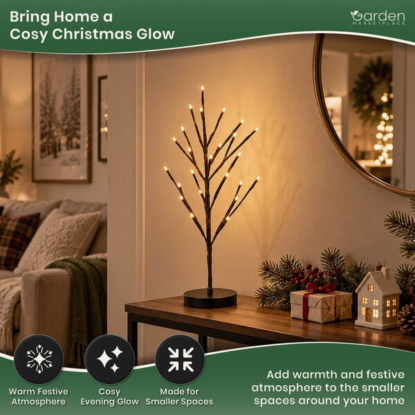 Snowy Brown Birch Christmas Twig Tree with Warm White LED Lights, 60cm Battery Powered Indoor Decorative Tree, 24 LEDs