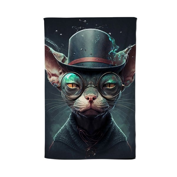 Warren Reed Sphynx Cat With Glases Splashart Tea Towel