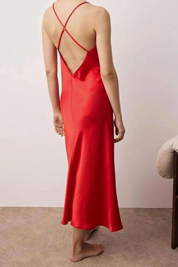 WOVCOR Strappy Satin Nightdress with Slit and Button Detail