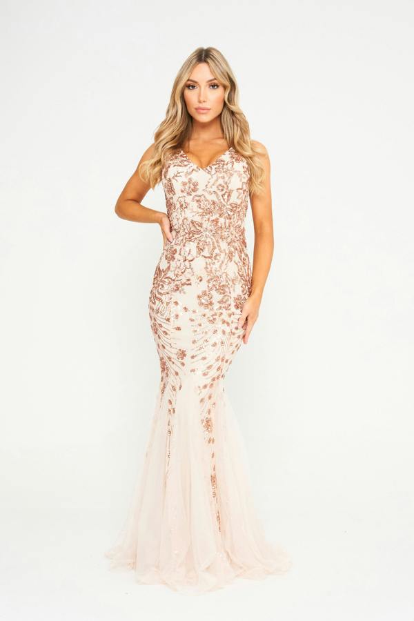 LuvForever Ember - Champagne Mesh Sequin Maxi Dress