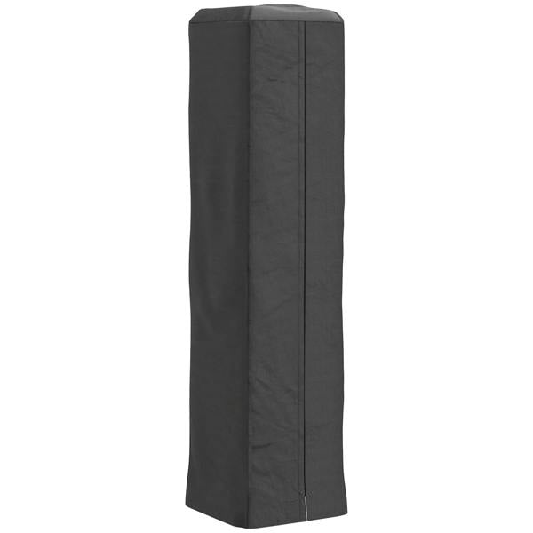 Black full-length patio heater cover with zippered front, made of oxford fabric
